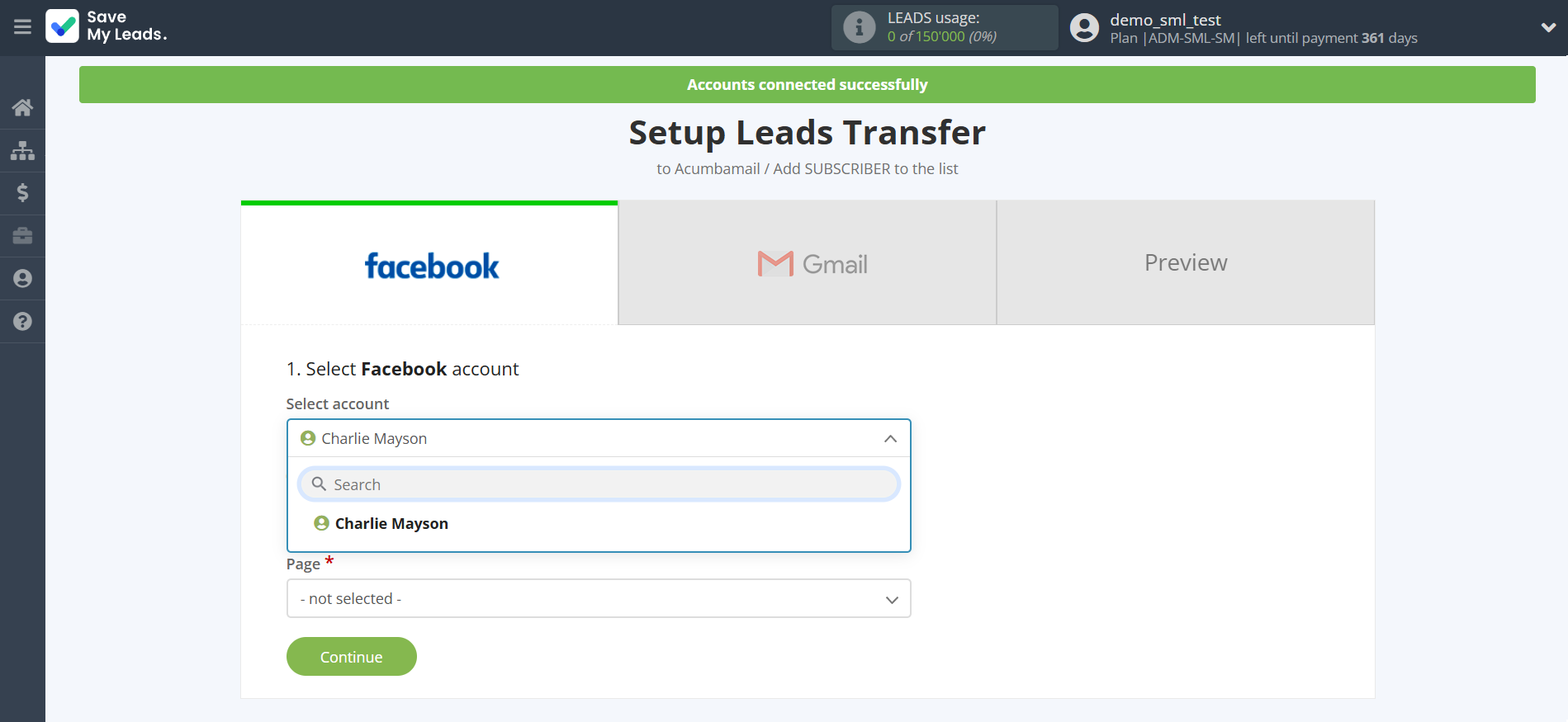 How to Connect Facebook with Gmail | Data Source account selection