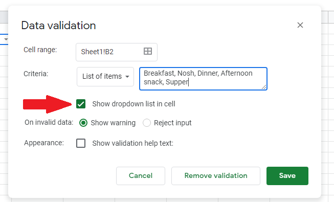 How to Create Drop Down List in Google Sheets |&nbsp;Check the “Show dropdown list in cell” option