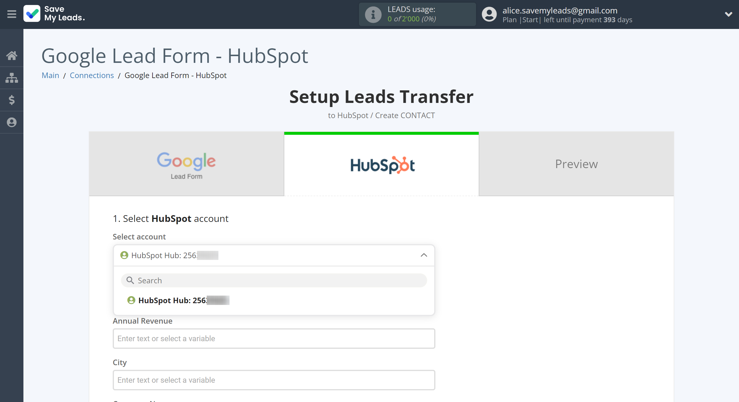 How to Connect Google Lead Form with HubSpot Create Contacts | Data Destination account selection