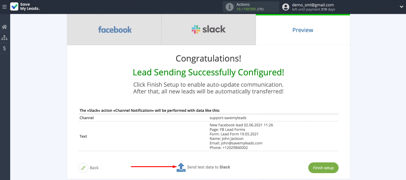 Facebook and Slack integration | Send test message
