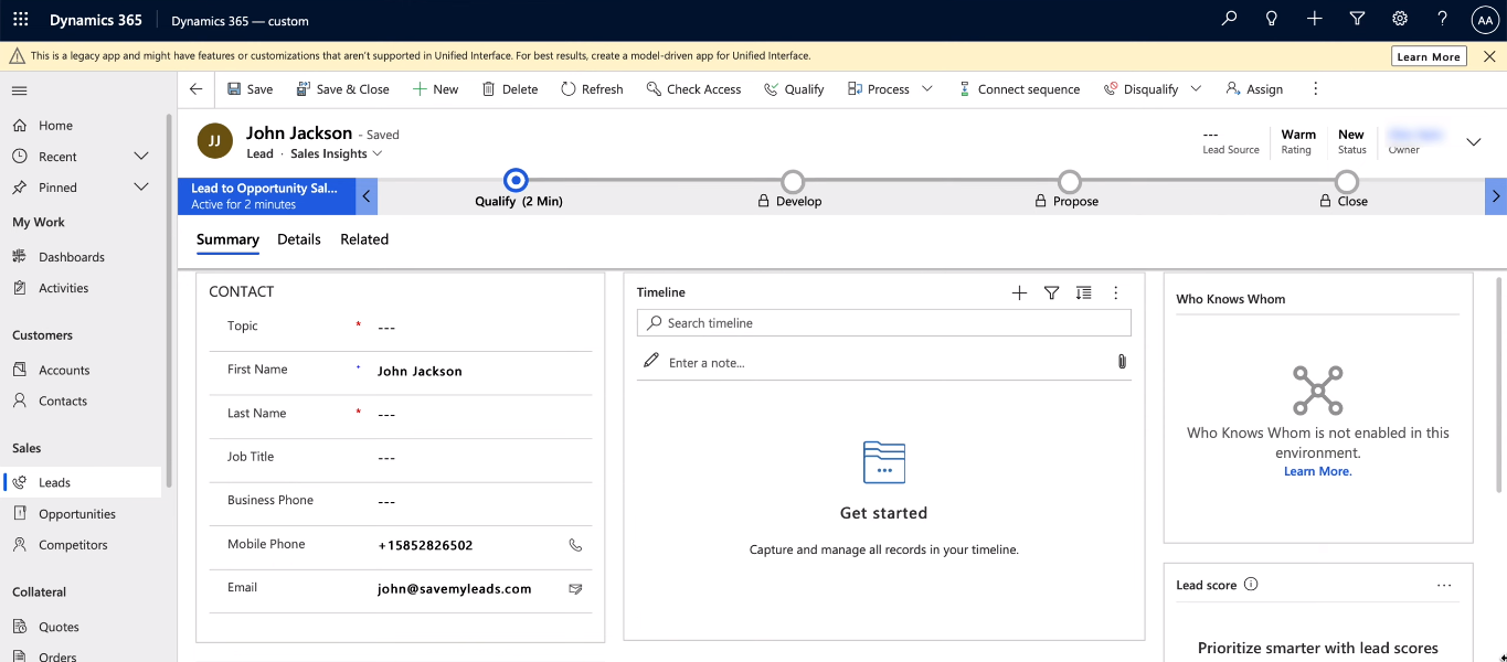 Facebook and Microsoft Dynamics 365 integration | New lead in CRM
