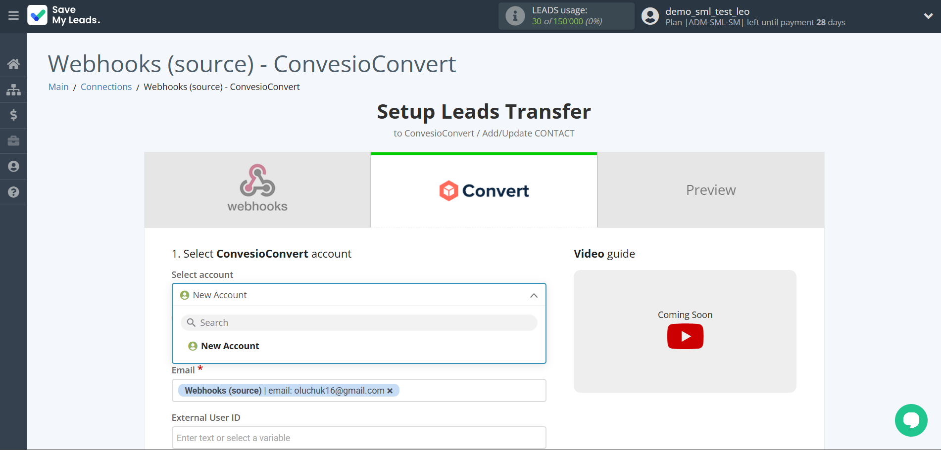 How to Connect Webhooks with ConvesioConvert | Data Destination account selection