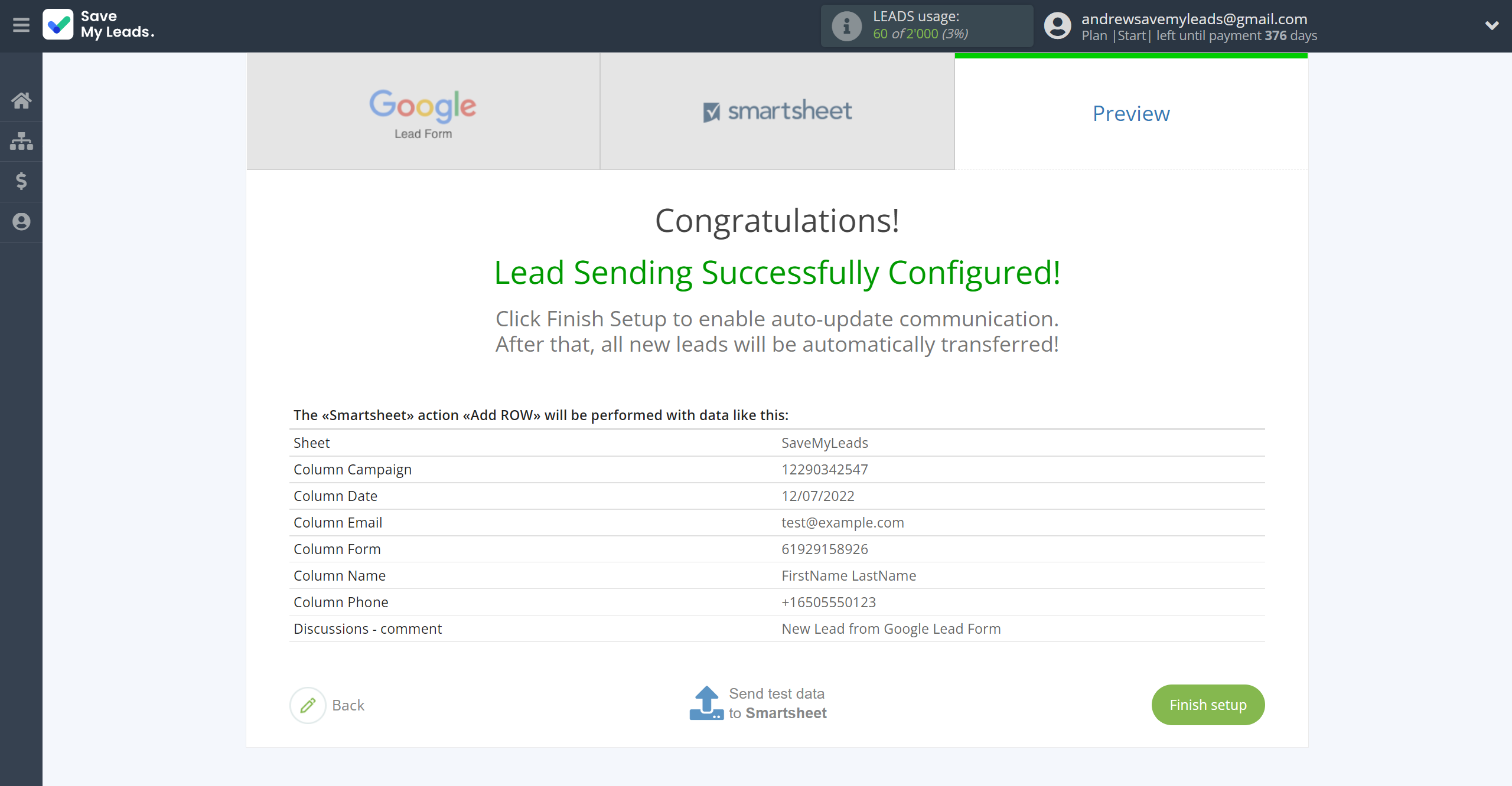How to Connect Google Lead Form with Smartsheet | Test data