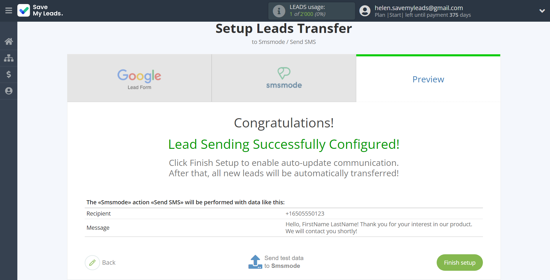 How to Connect Google Lead Form with Smsmode | Test data