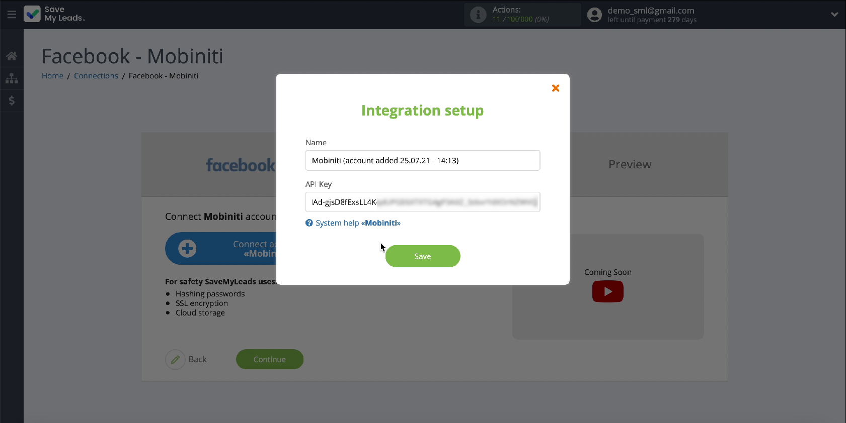 How to Send SMS via Mobiniti from New Facebook Leads | Paste the copied key