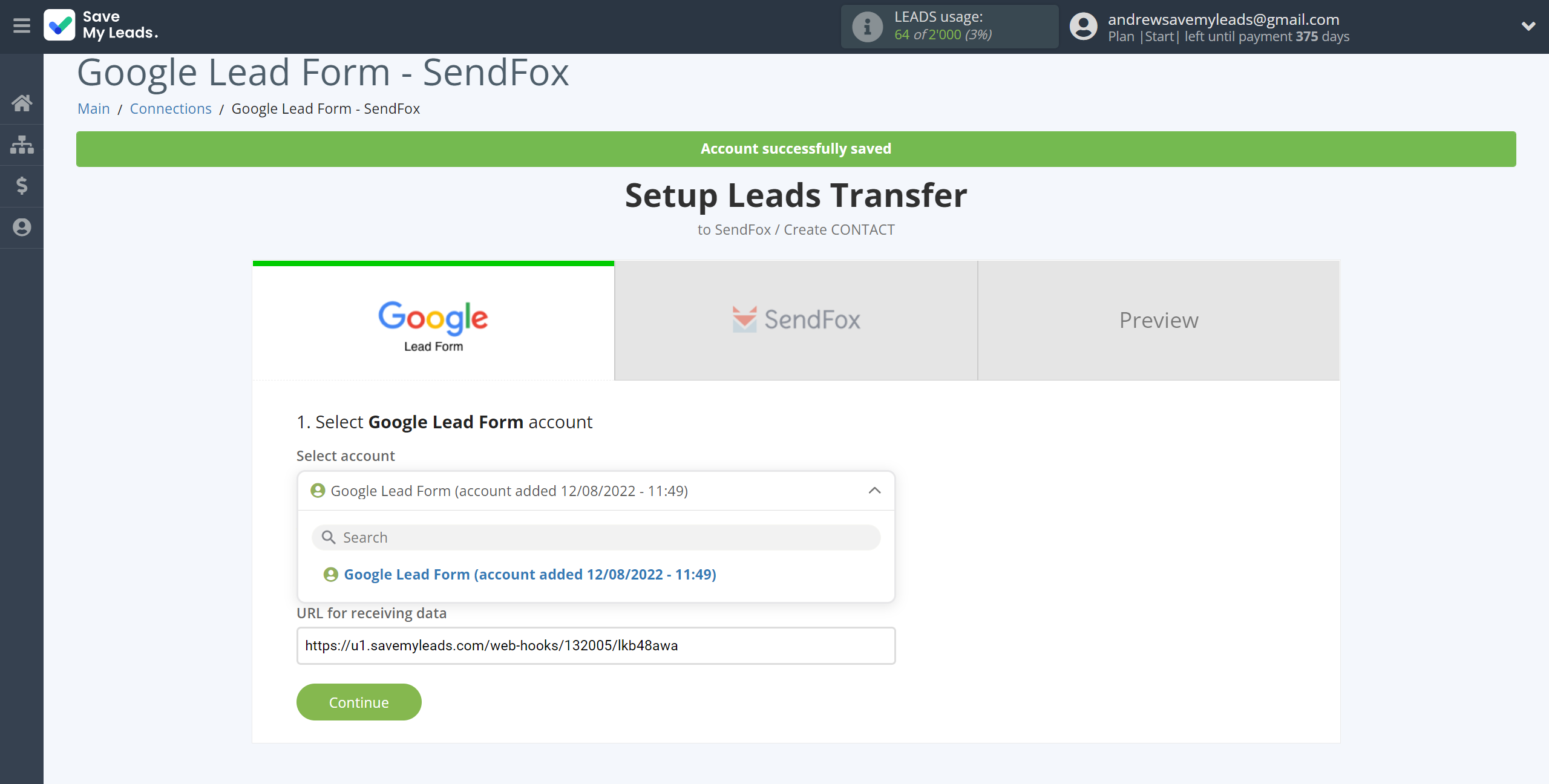 How to Connect Google Lead Form with SendFox | Data Source account selection