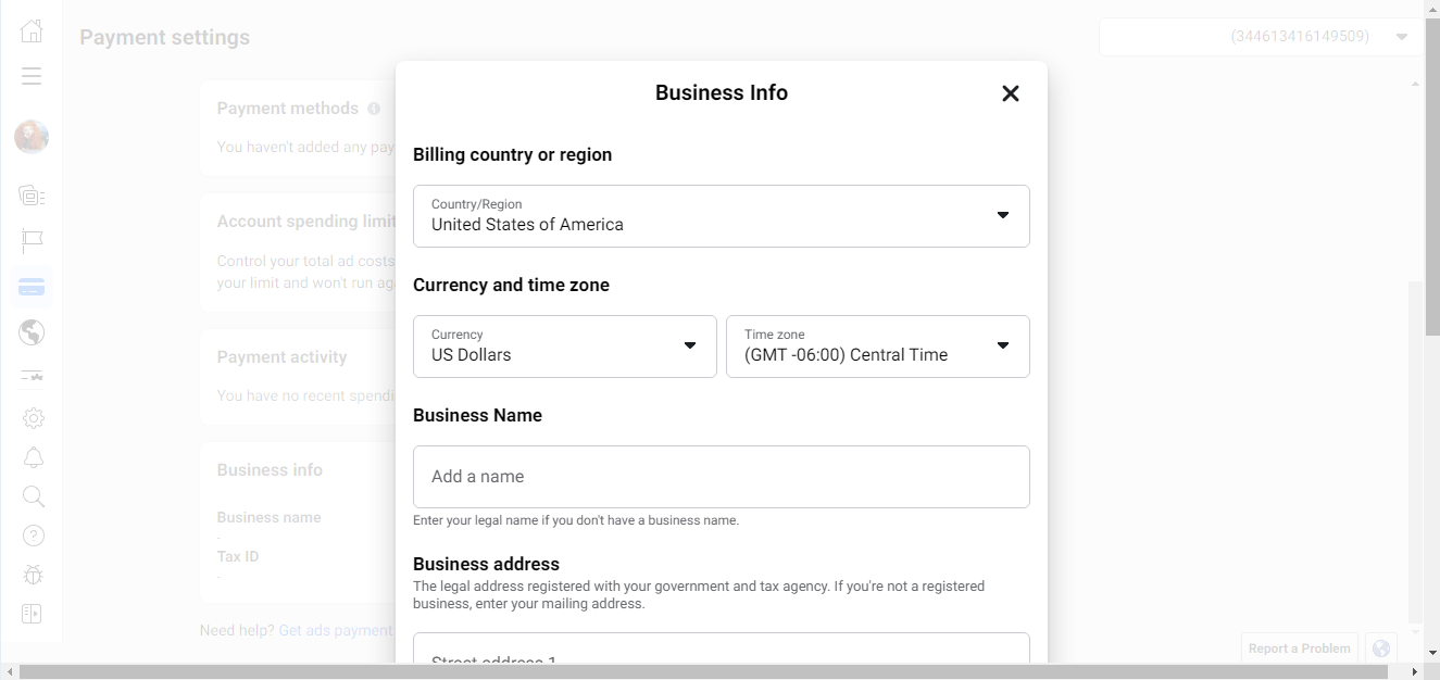 Facebook Ads Manager basic settings | Billing country, currency and time zone