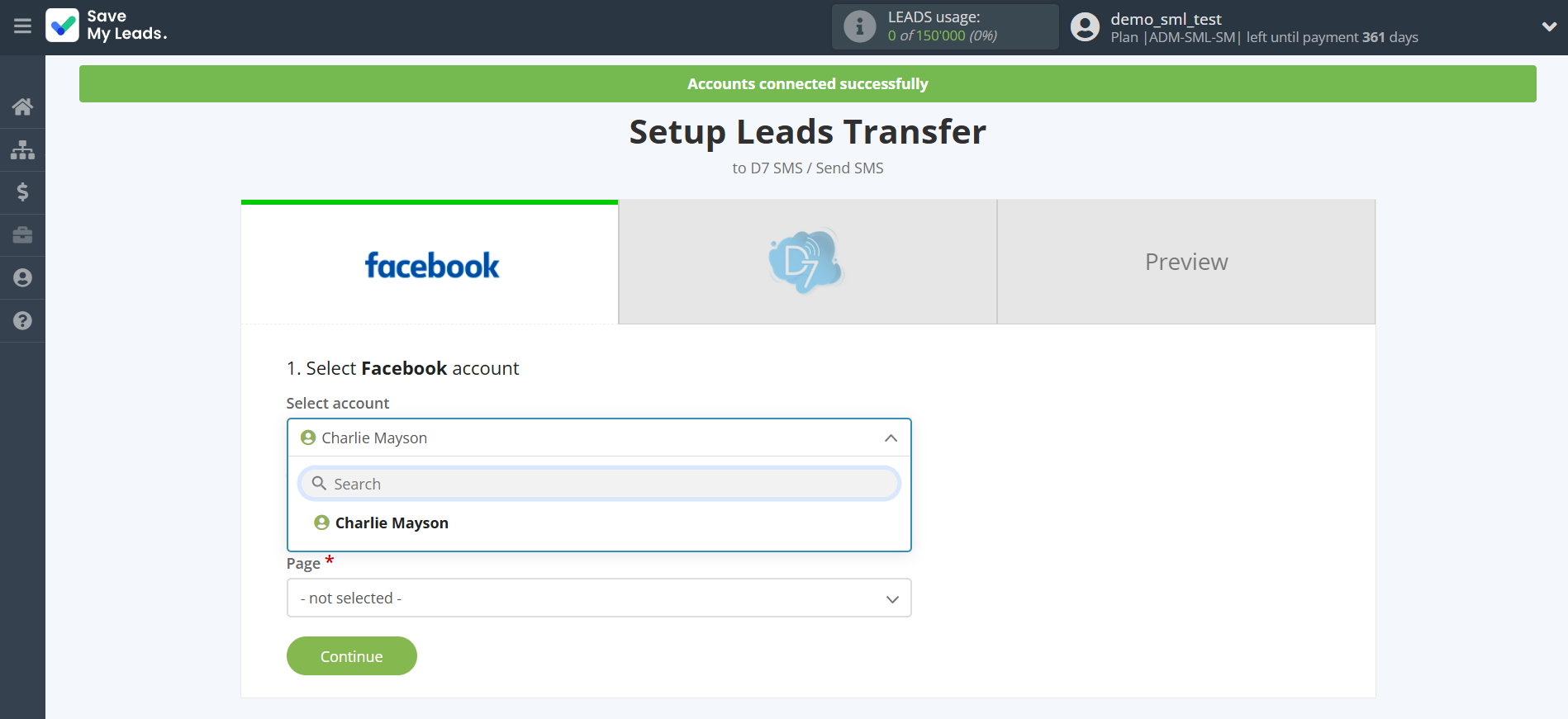 How to Connect Facebook with D7 SMS | Data Source account selection