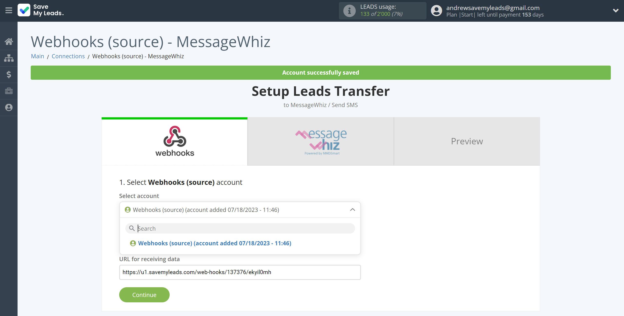 How to Connect Webhooks with MessageWhiz | Data Source account selection