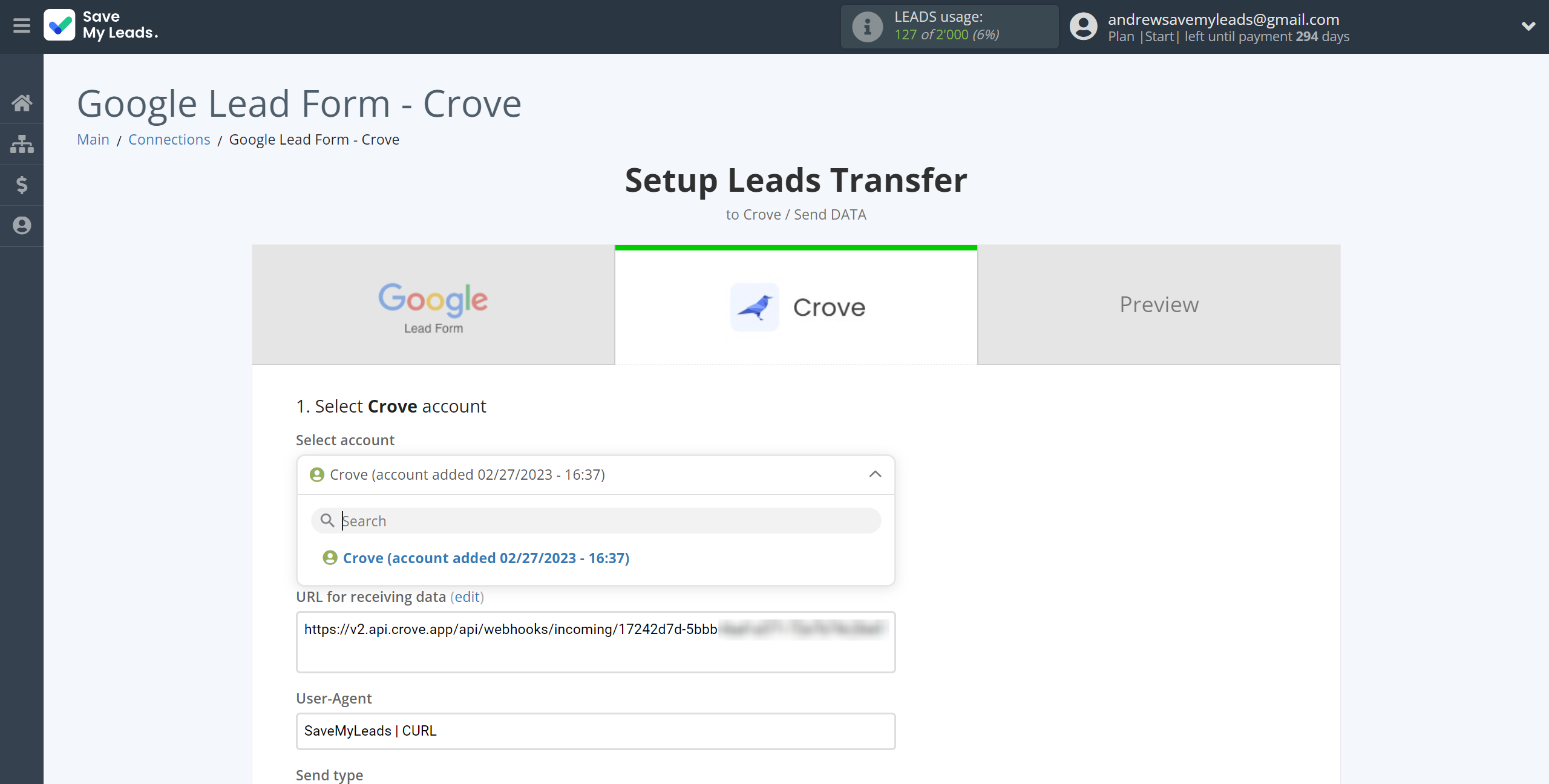How to Connect Google Lead Form with Crove | Data Destination account selection
