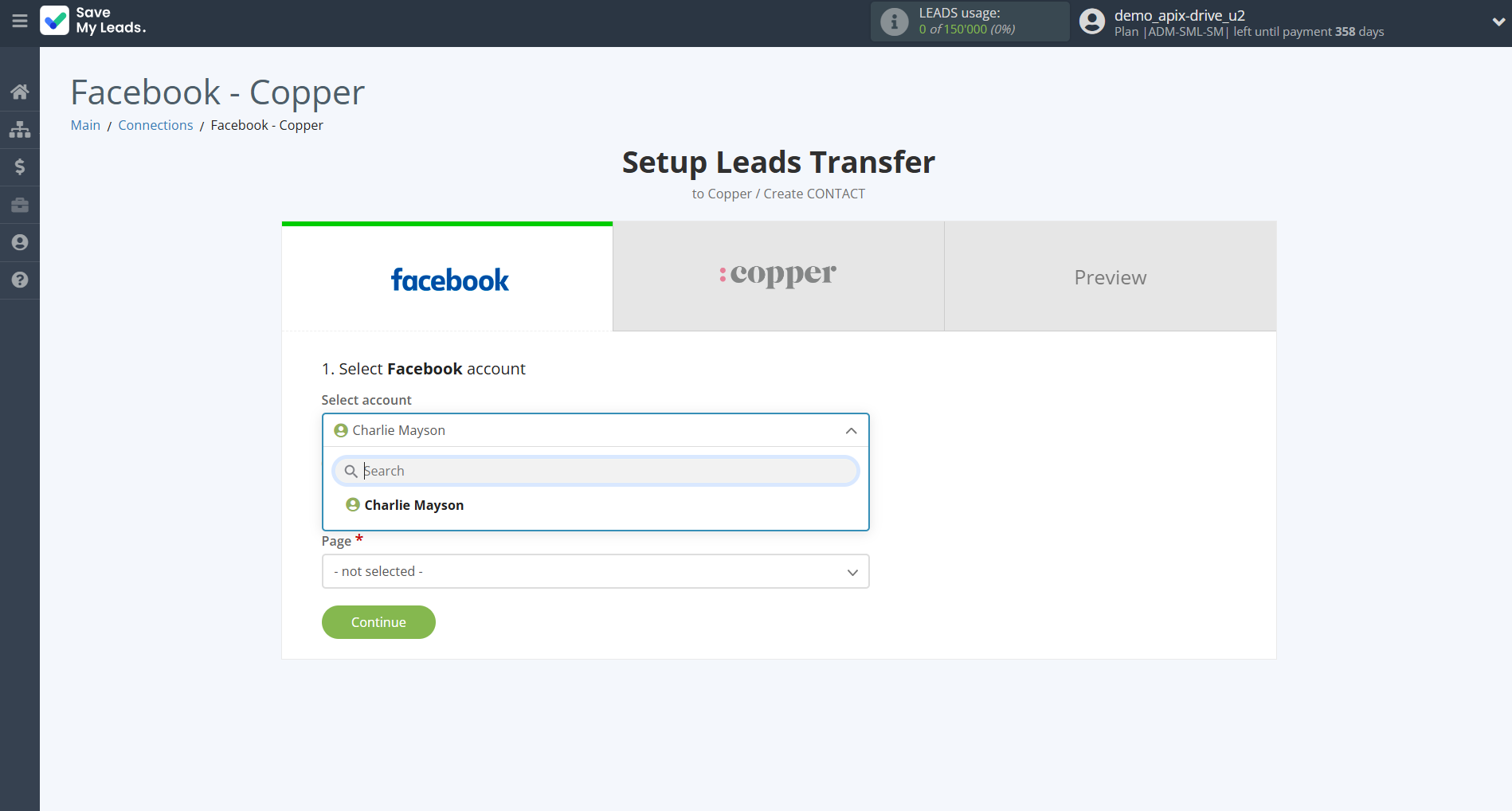 How to Connect Facebook with Copper Create Contacts | Data Source account selection