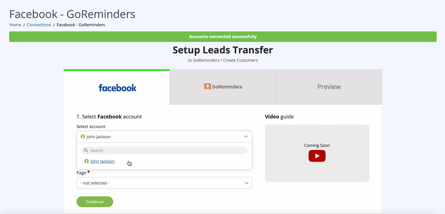 Facebook and GoReminders integration | Select an account