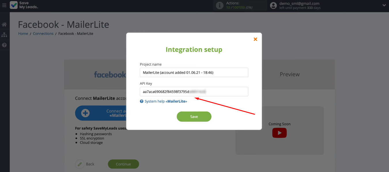 Facebook and MailerLite integration | Paste the API key Facebook and MailerLite integration | Paste the API key