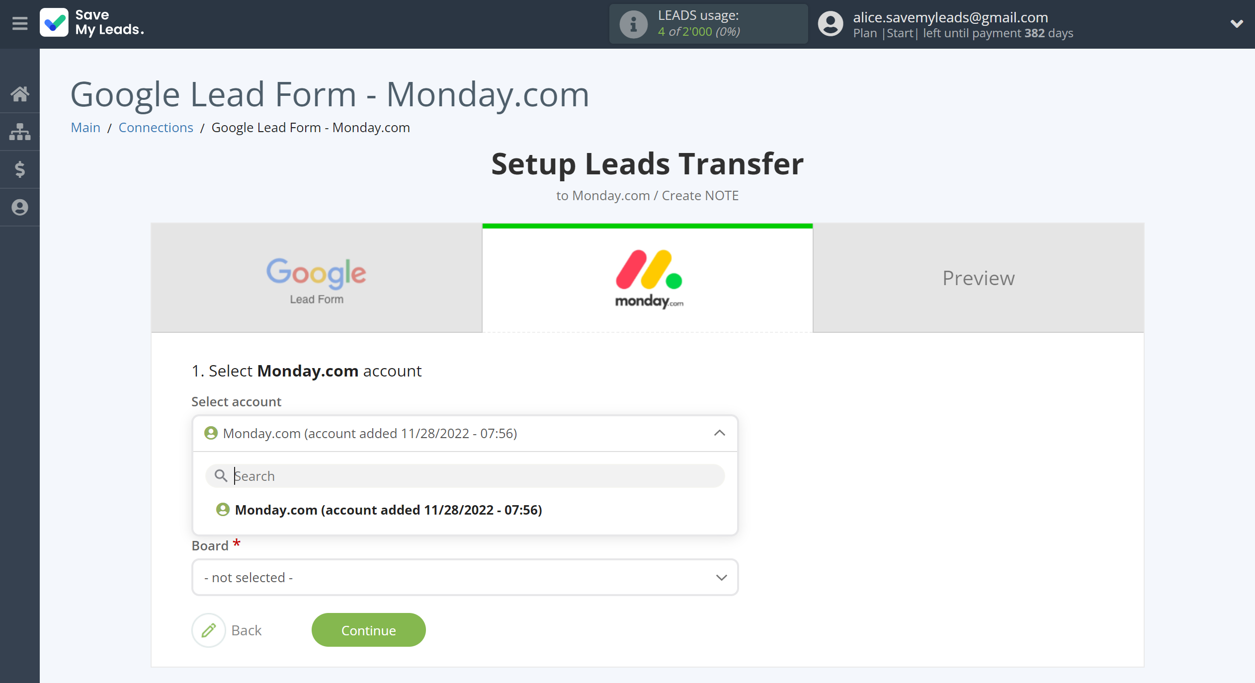 How to Connect Google Lead Form with Monday.com | Data Destination account selection