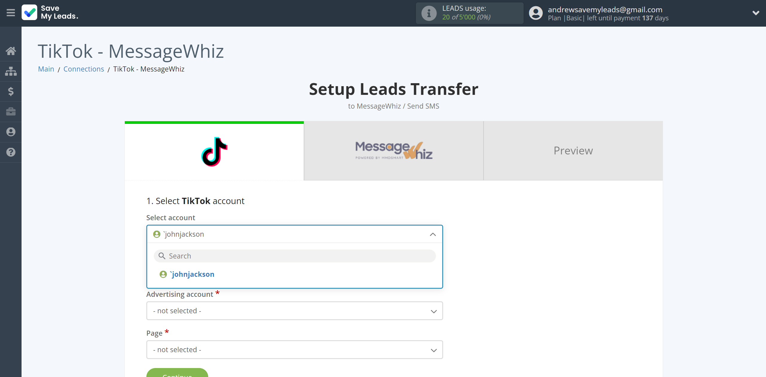 How to Connect TikTok with MessageWhiz | Data Source account selection