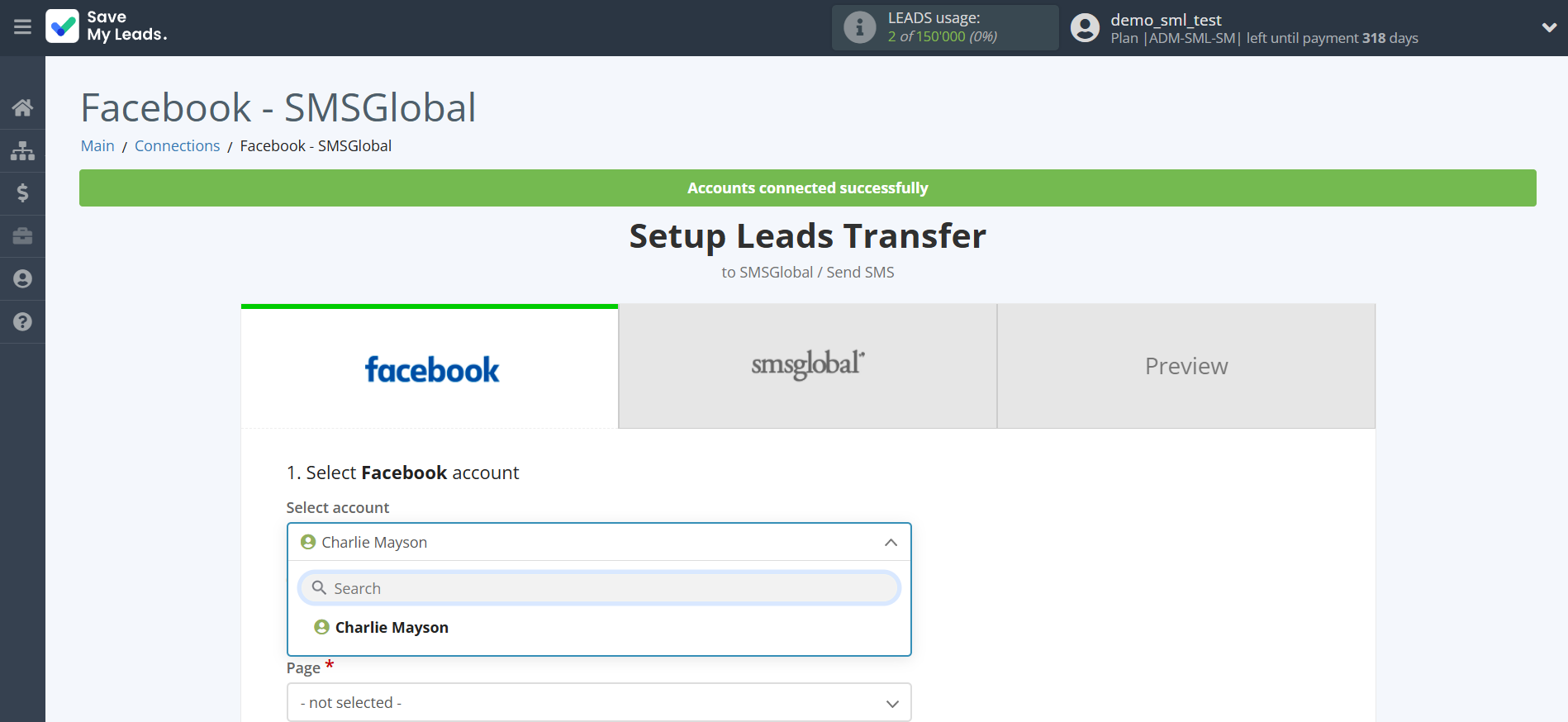 How to Connect Facebook with SMSGlobal | Data Source account selection How to Connect Facebook with SMSGlobal | Data Source account selection