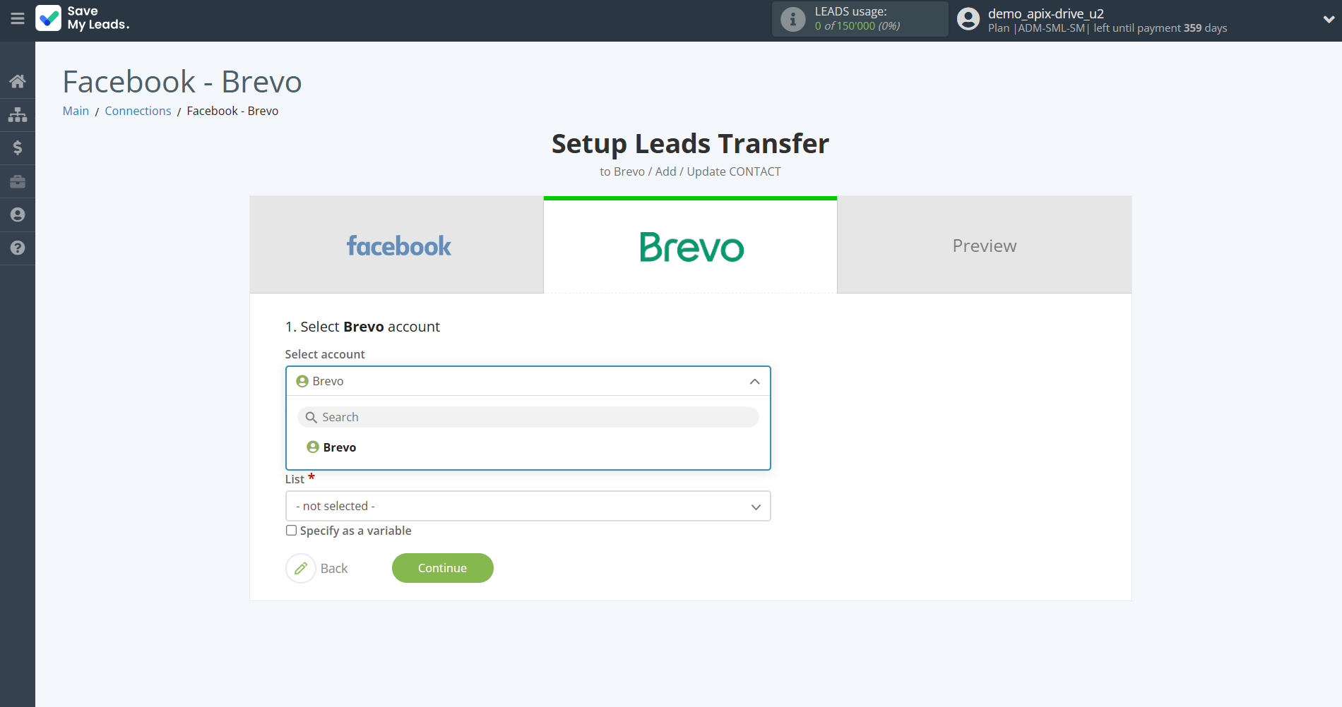 How to Connect Facebook with Brevo | Data Destination account selection