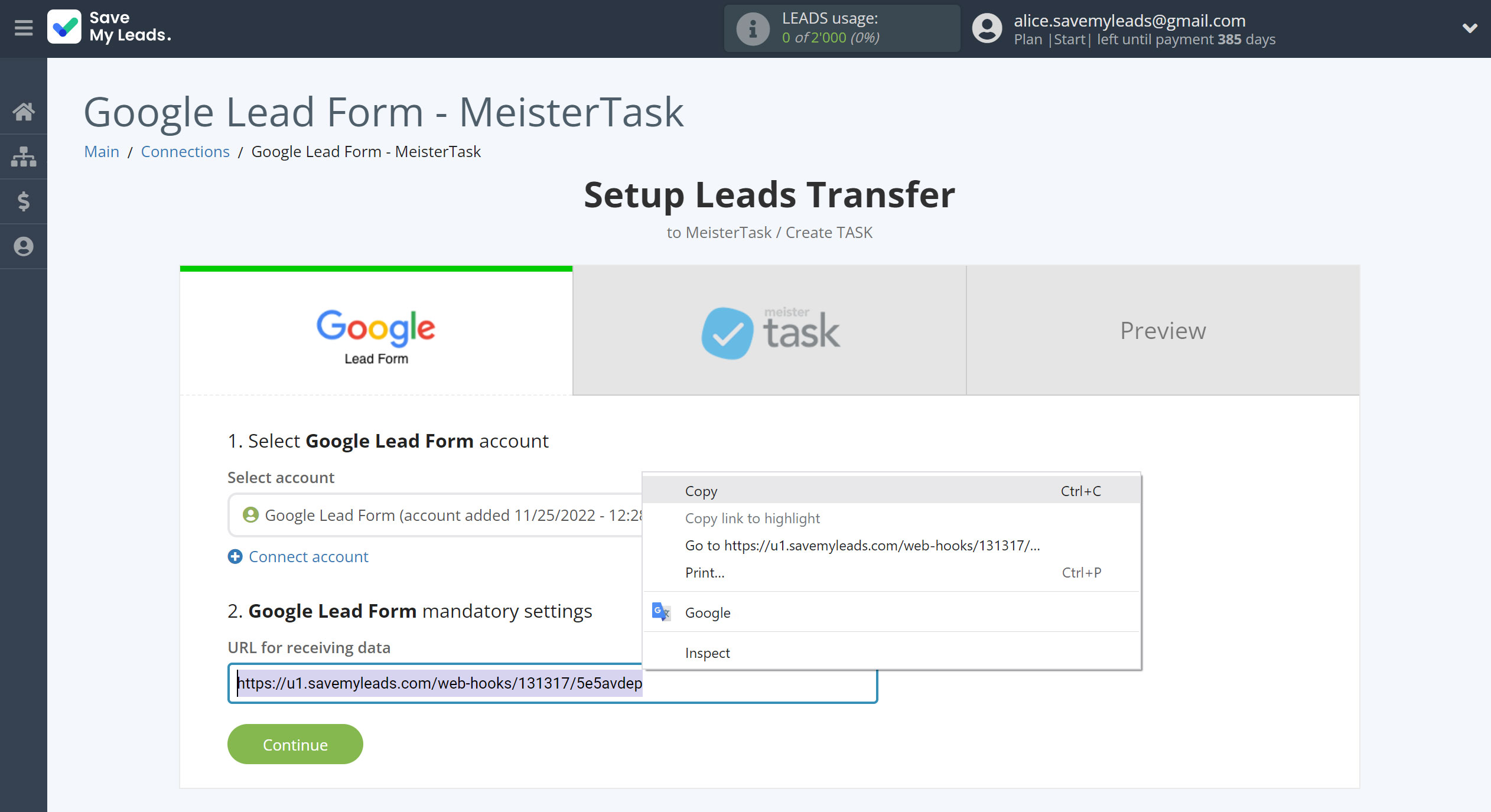 How to Connect Google Lead Form with MeisterTask | Data Source account connection