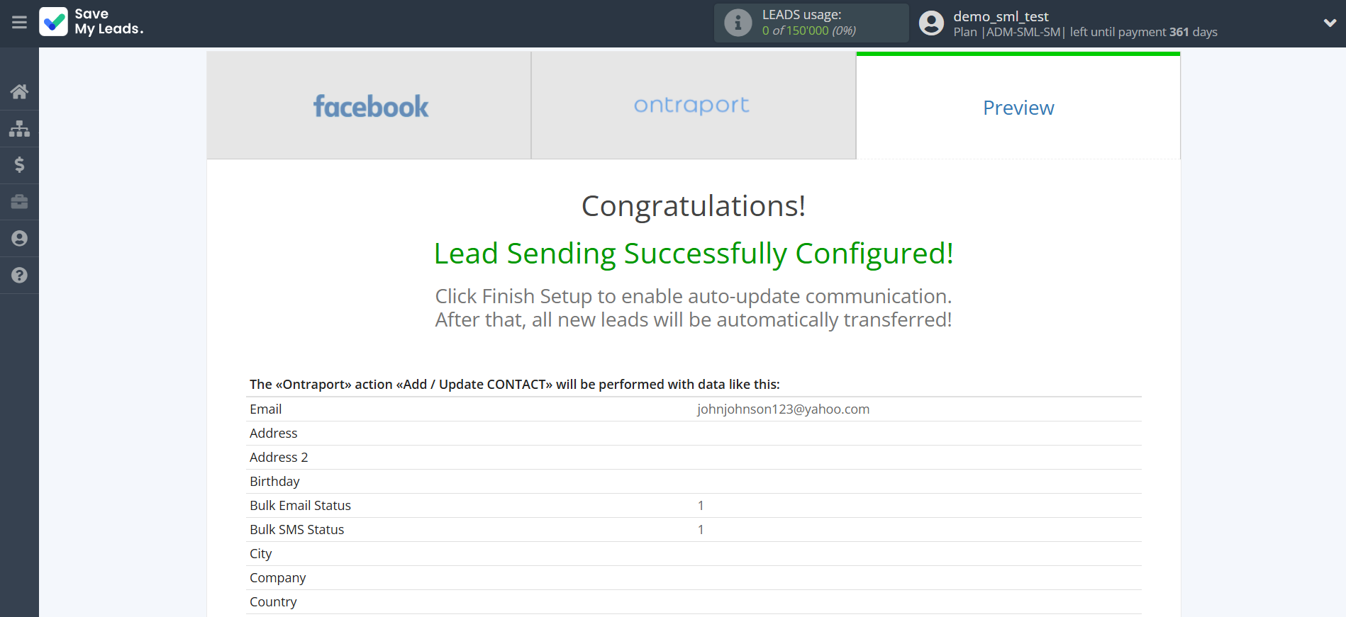 How to Connect Facebook with Ontraport | Test data