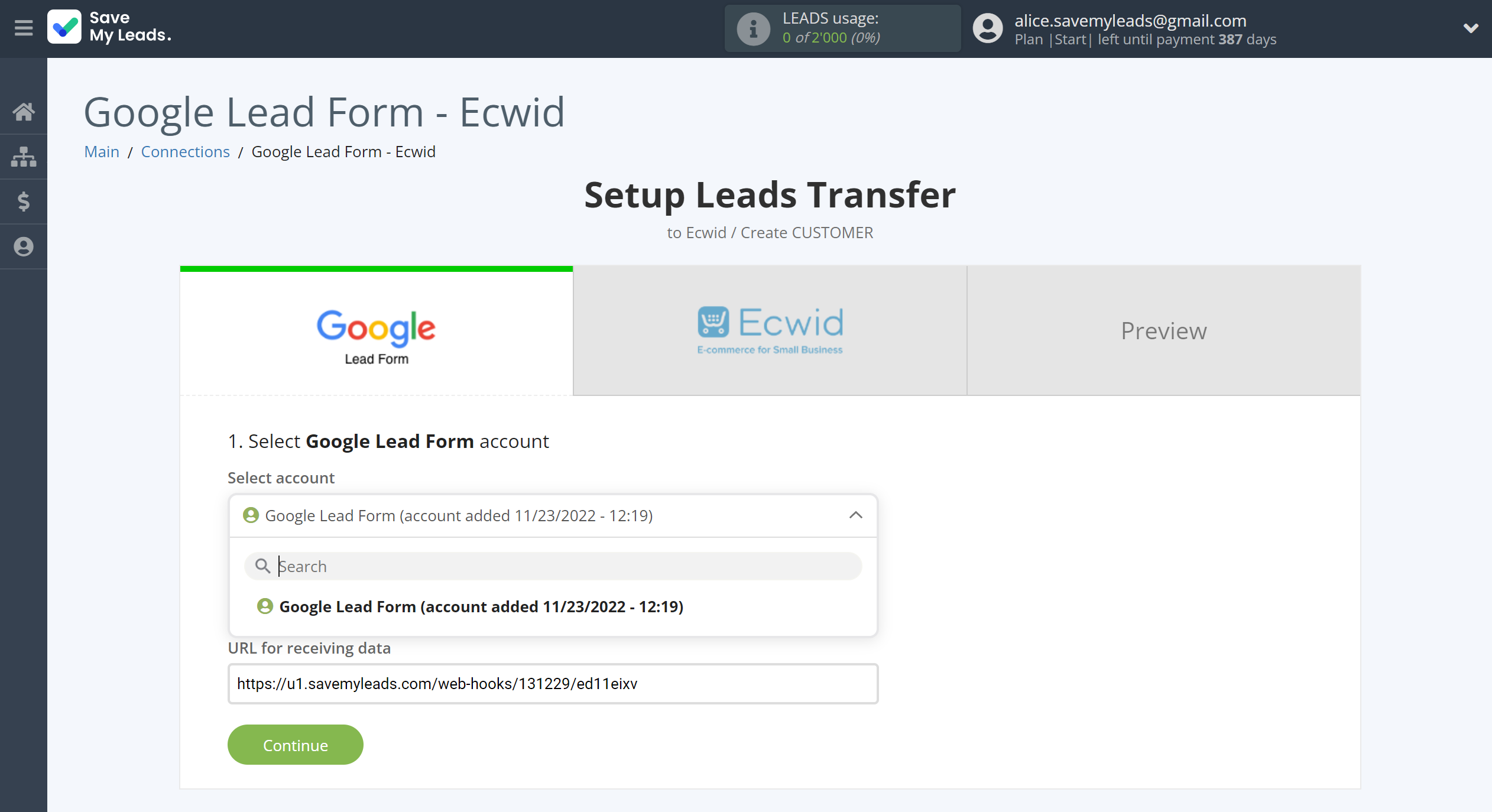 How to Connect Google Lead Form with Ecwid Create Customers | Data Source account selection