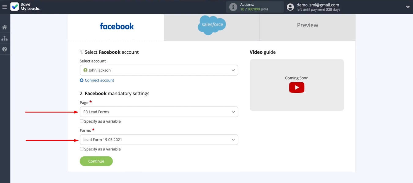 Facebook and Salesforce integration | Specify two required parameters&nbsp;and click “Continue”