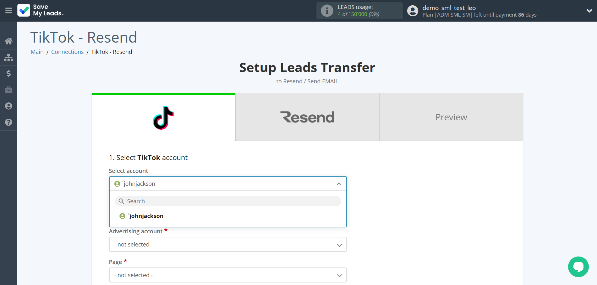 How to Connect TikTok with Resend (Send Email) | Data Source account selection