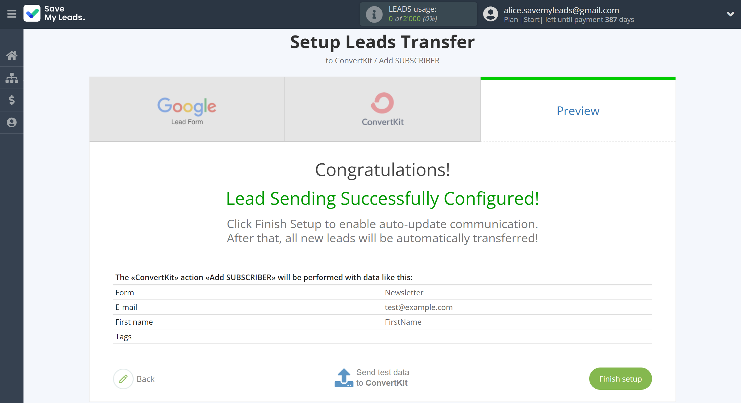 How to Connect Google Lead Form with ConvertKit | Test data
