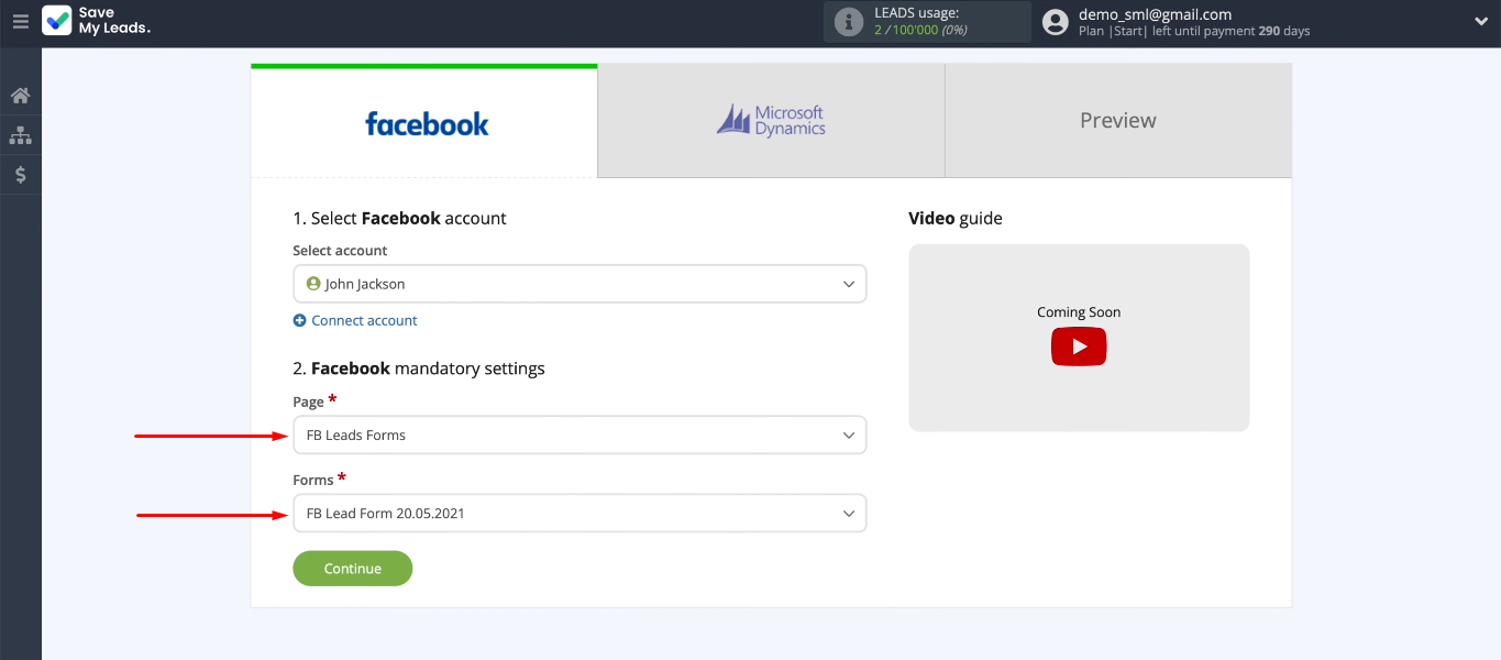 Facebook and Microsoft Dynamics 365 integration | Select advertising page and lead-form