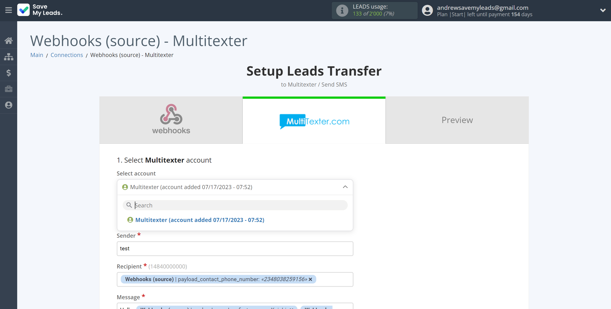 How to Connect Webhooks with Multitexter | Data Destination account selection