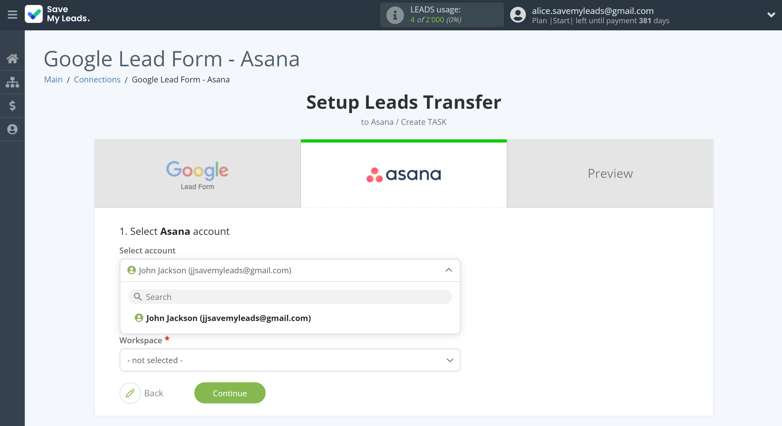 How to Connect Google Lead Form with Asana | Data Destination account selection