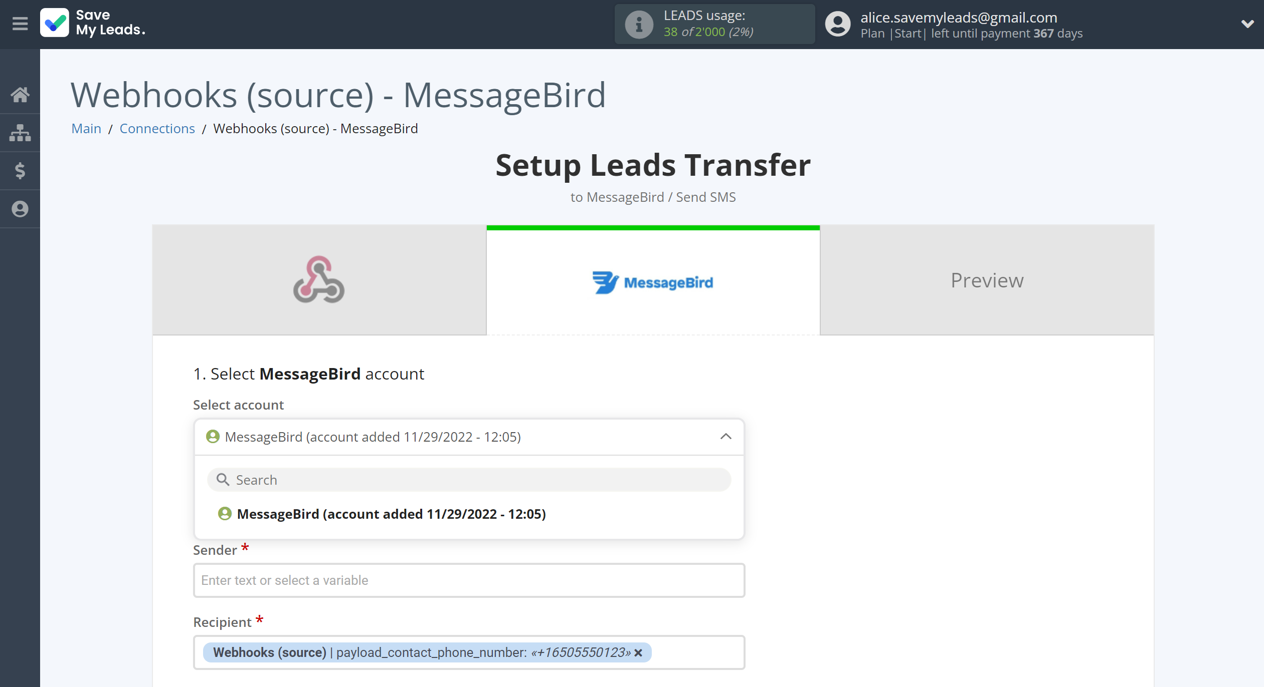 How to Connect Webhooks with MessageBird | Data Destination account selection