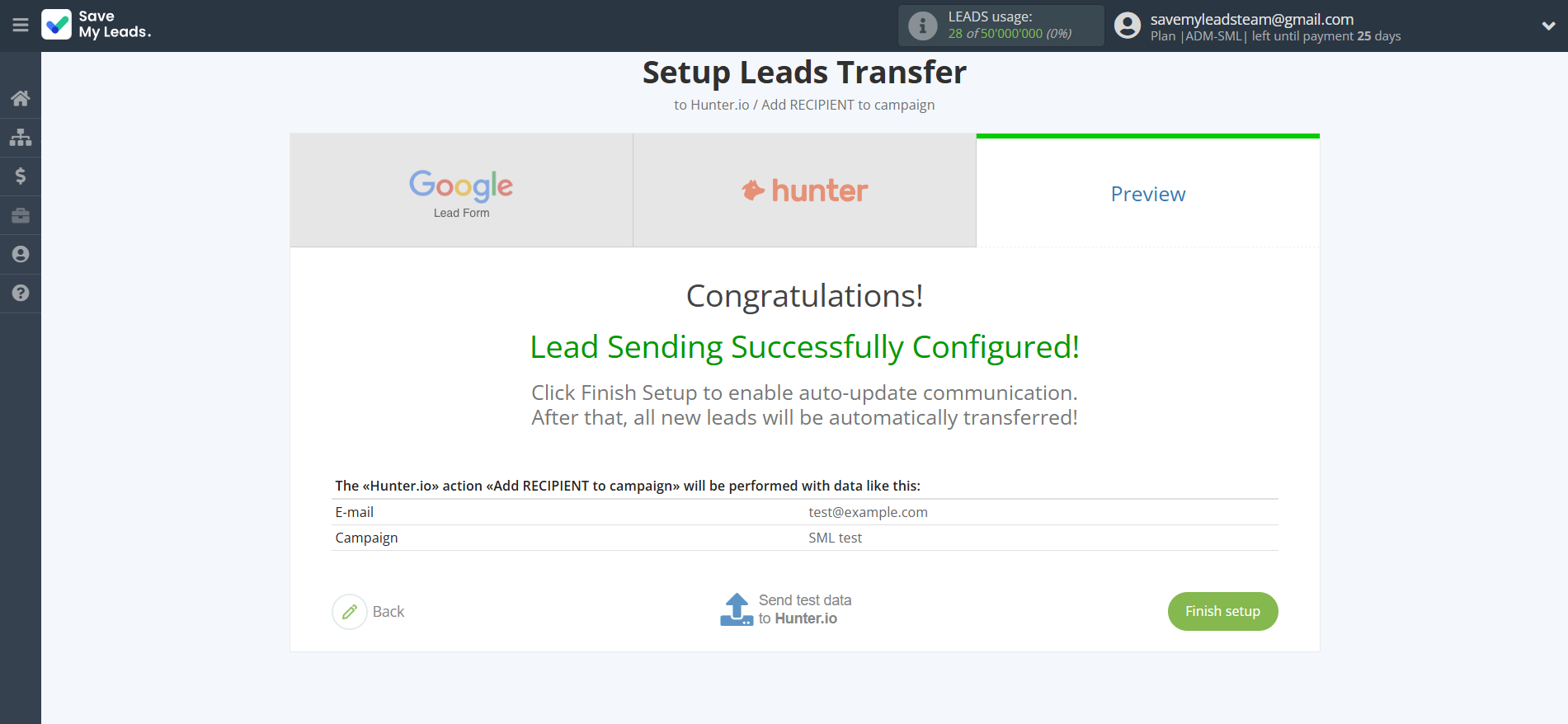 How to Connect Google Lead Form with Hunter.io Create Contact | Test data