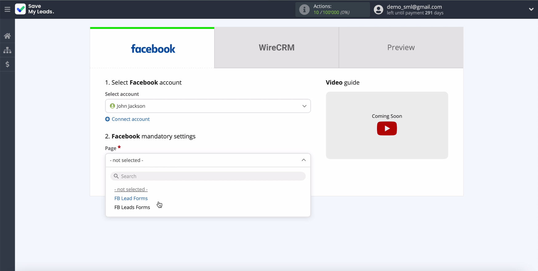 Facebook and WireCRM integration | Select an advertising page