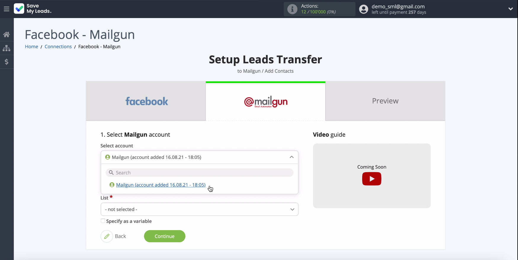 Facebook and Mailgun integration | Select a connected account