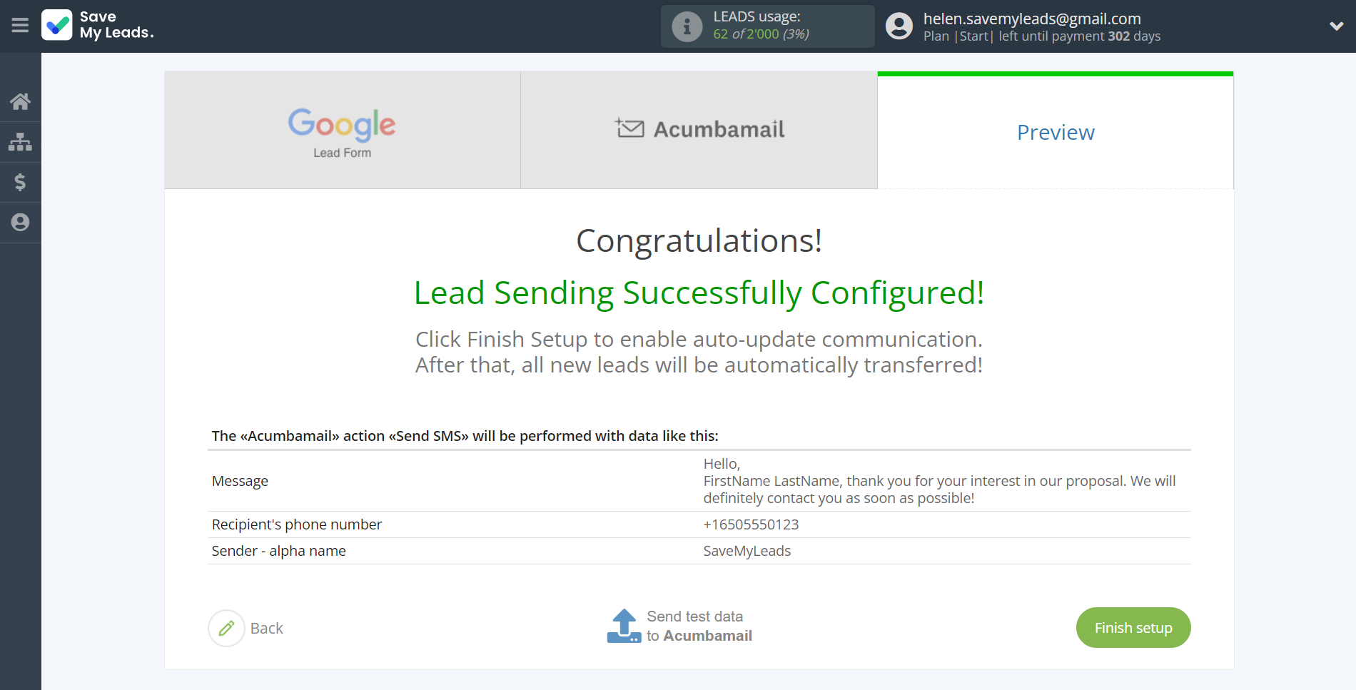 How to Connect Google Lead Form with Acumbamail Send SMS | Test data