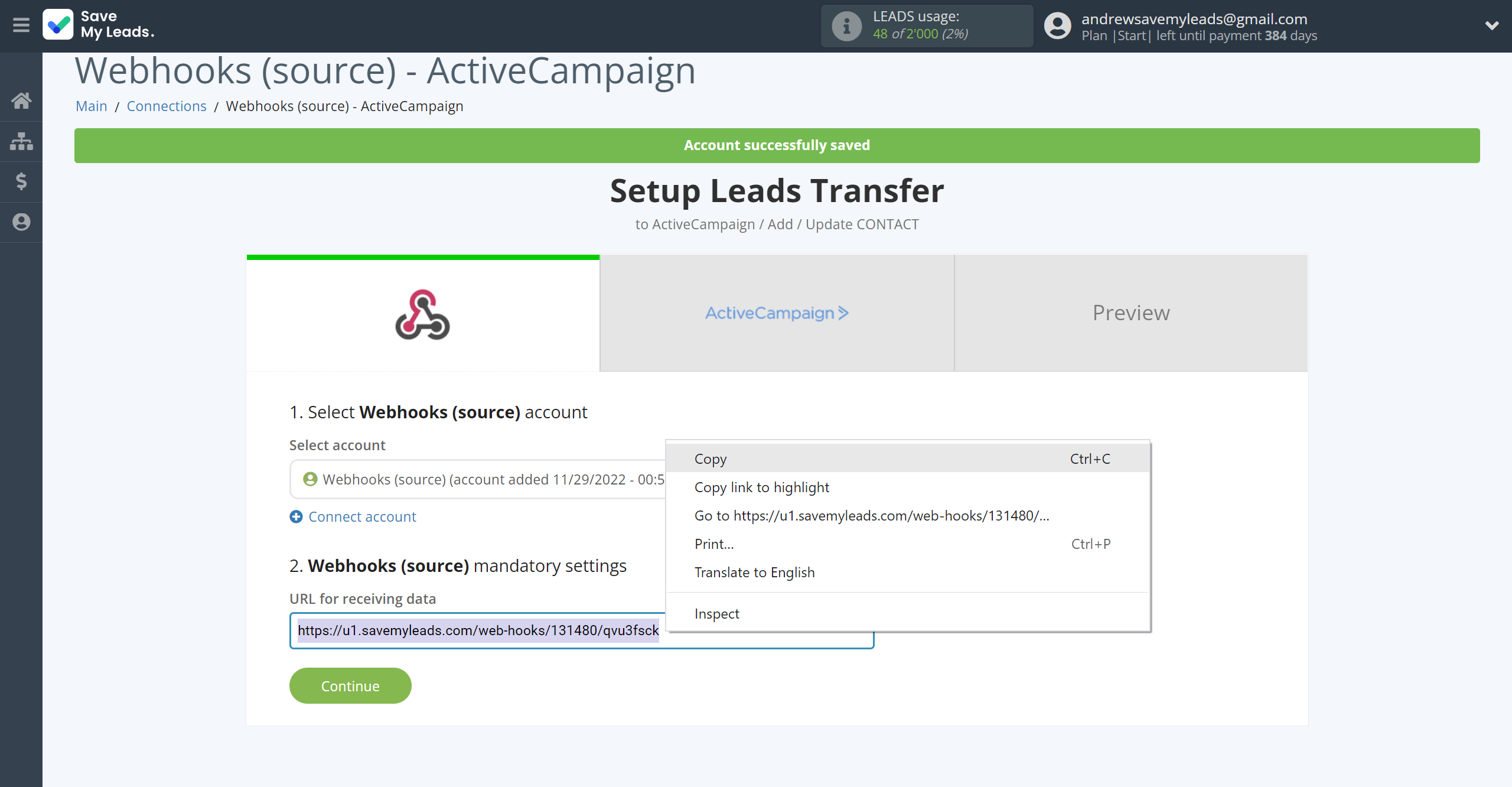 How to Connect Webhooks with ActiveCampaign Create Contacts | Data Source account connection