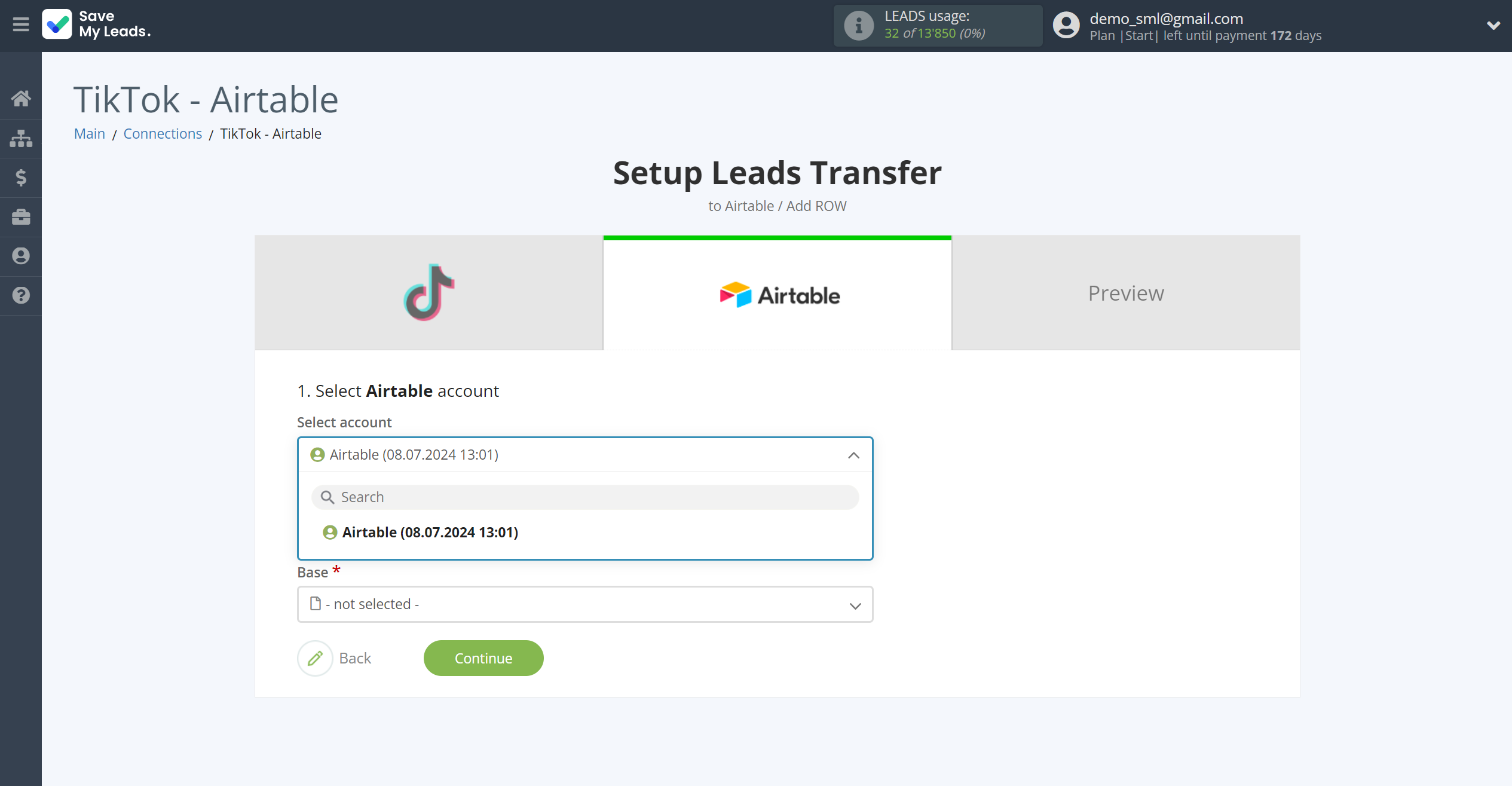 How to Connect TikTok with AirTable | Data Destination account selection