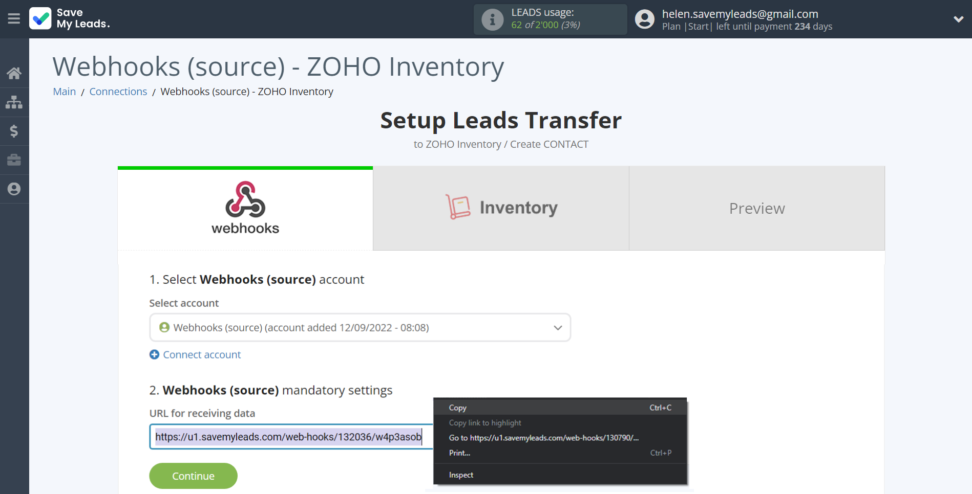 How to Connect Webhooks with Zoho Inventory Create Contacts | Data Source account connection