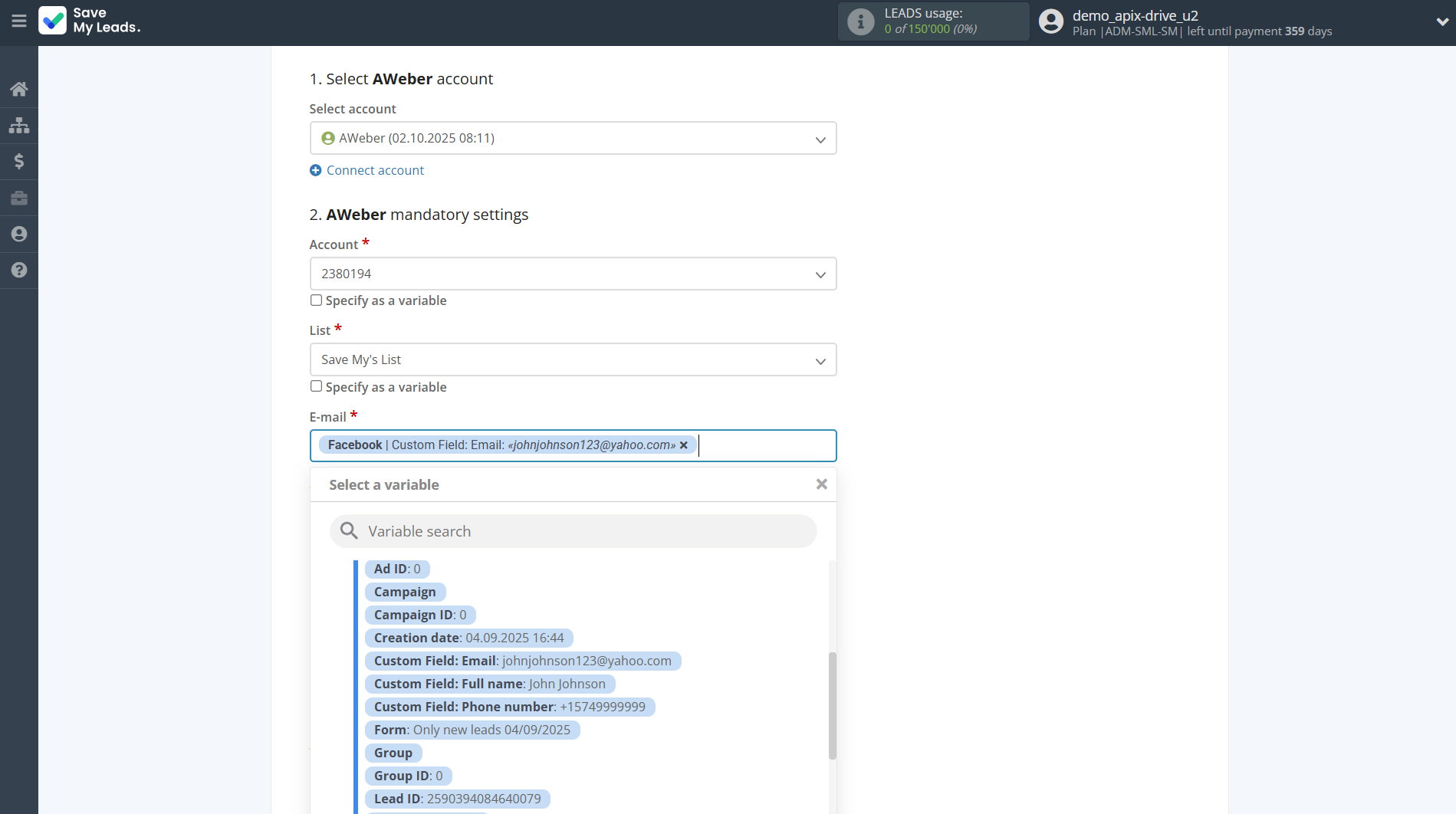 How to Connect Facebook with AWeber | Assigning fields