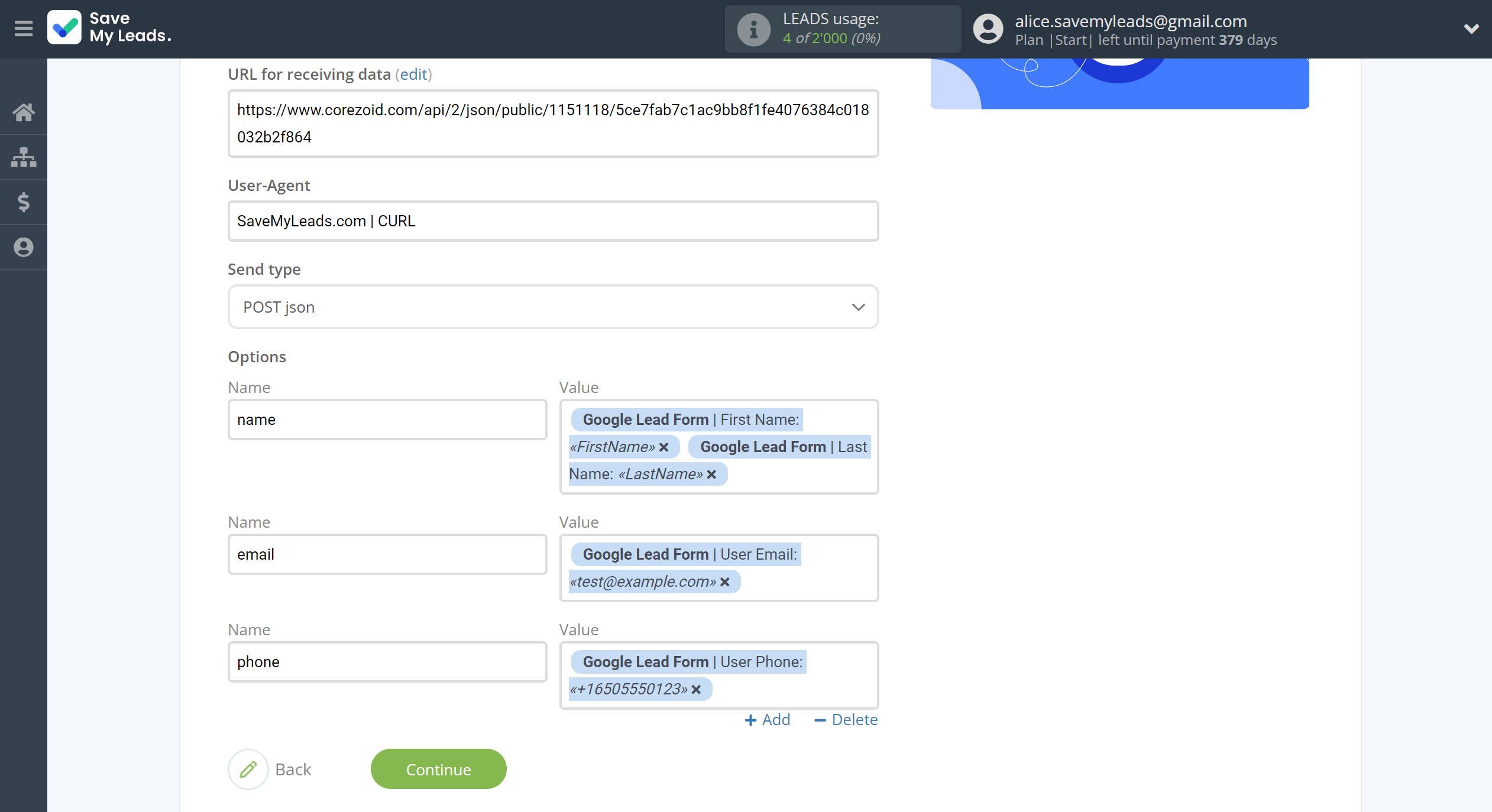 How to Connect Google Lead Form with Corezoid | Assigning fields