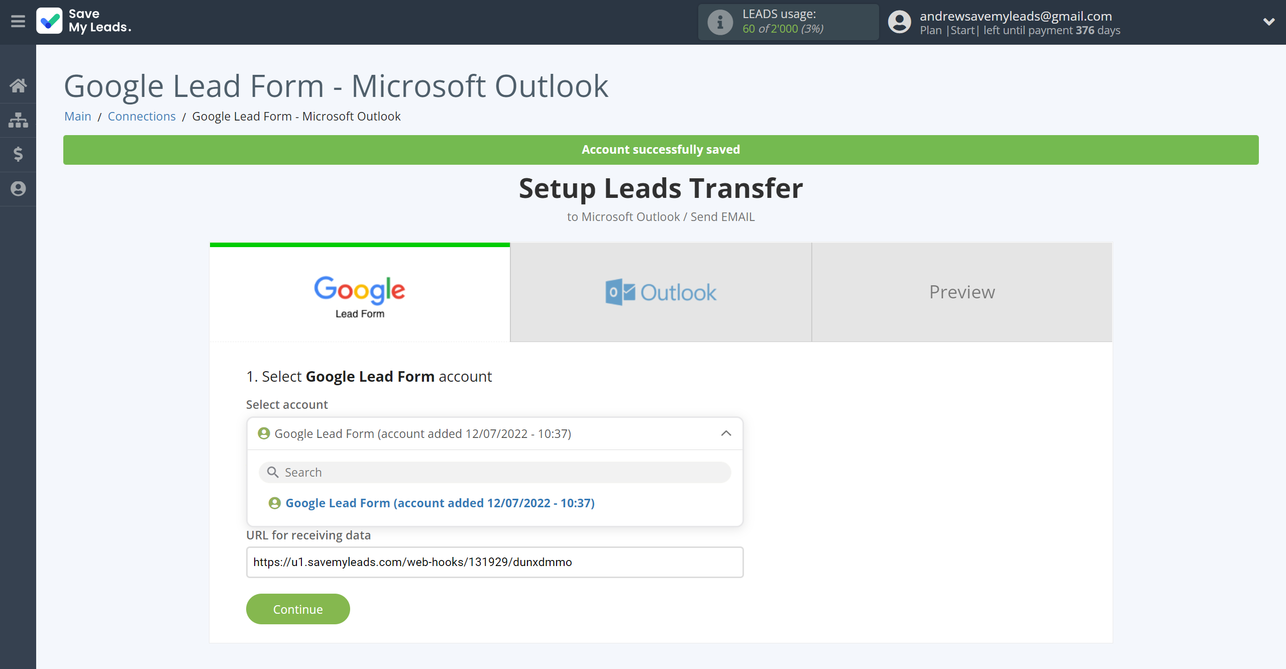 How to Connect Google Lead Form with Microsoft Outlook | Data Source account selection