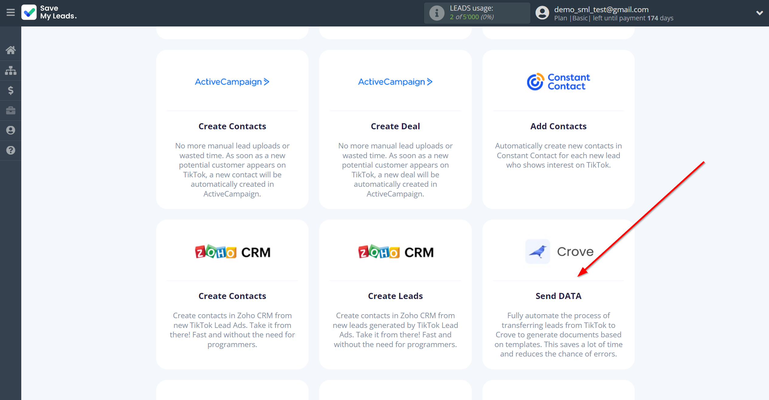 How to Connect TikTok with Crove | Data Destination system selection