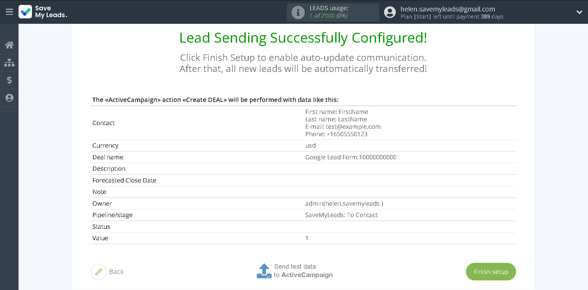 How to Connect Google Lead Form with ActiveCampaign Create Deal | Test data