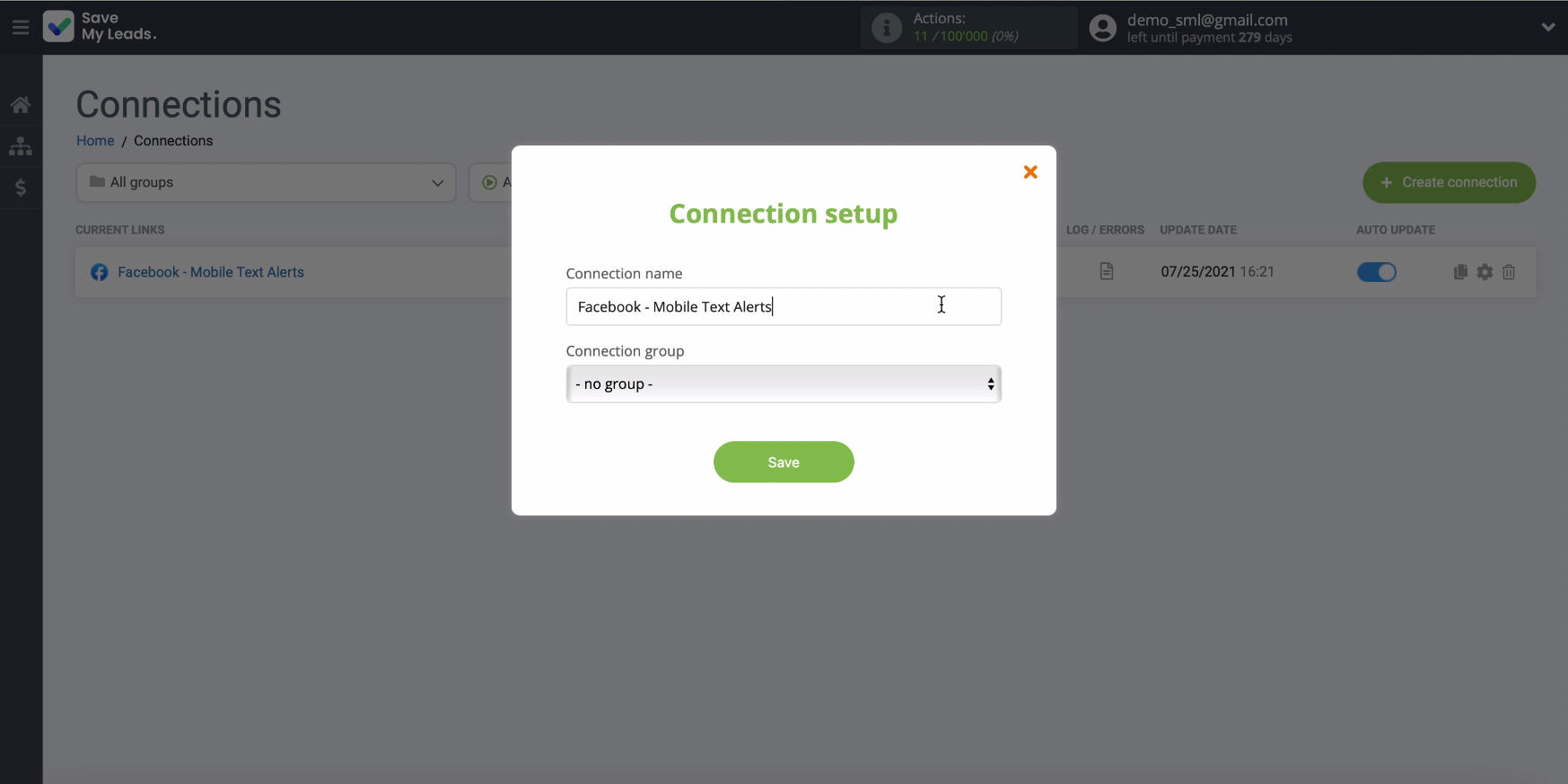 Facebook and Mobile Text Alerts integration | Window for changing the name of the link Facebook and Mobile Text Alerts integration | Window for changing the name of the link