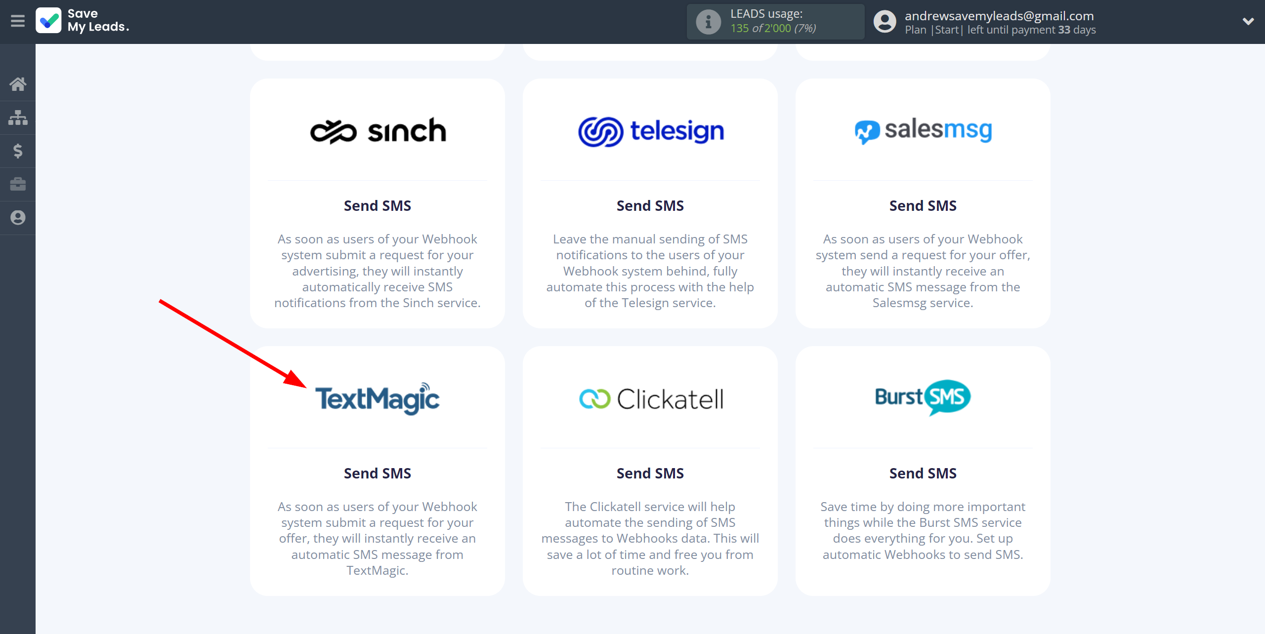 How to Connect Webhooks with TextMagic | Data Destination system selection