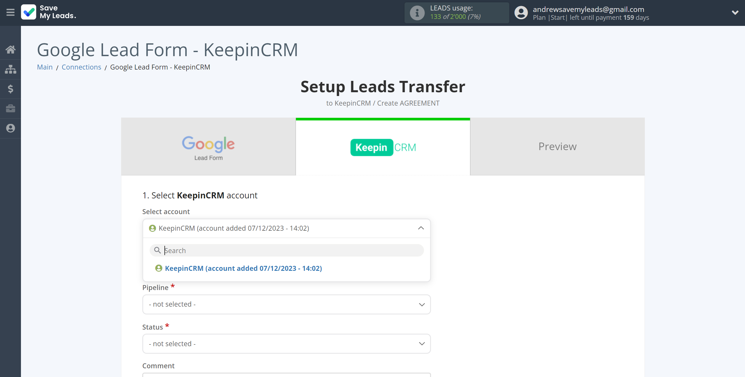 How to Connect Google Lead Form with KeepinCRM Create Agreement | Data Destination account selection