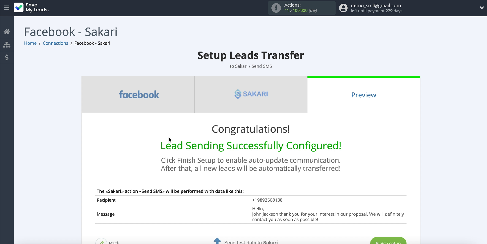 How to Send SMS via Sakari from New Facebook Leads | Sample message