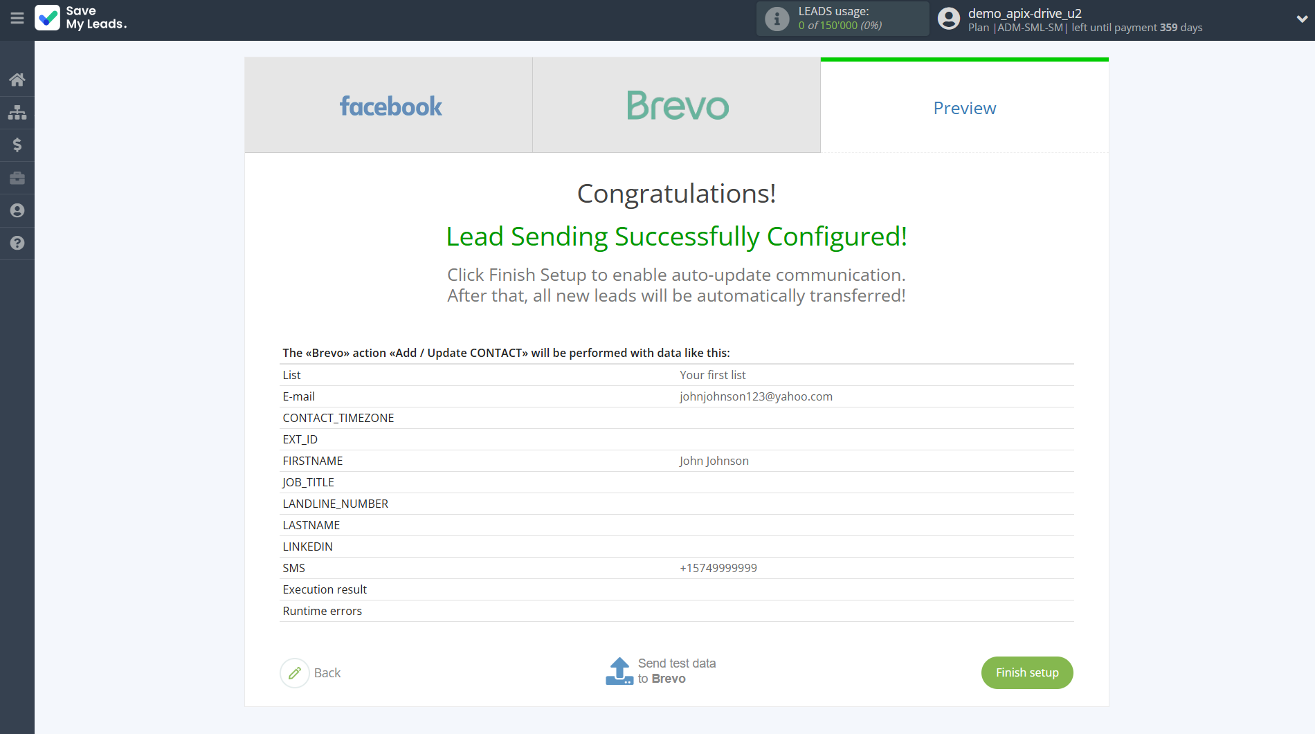 How to Connect Facebook with Brevo | Test data