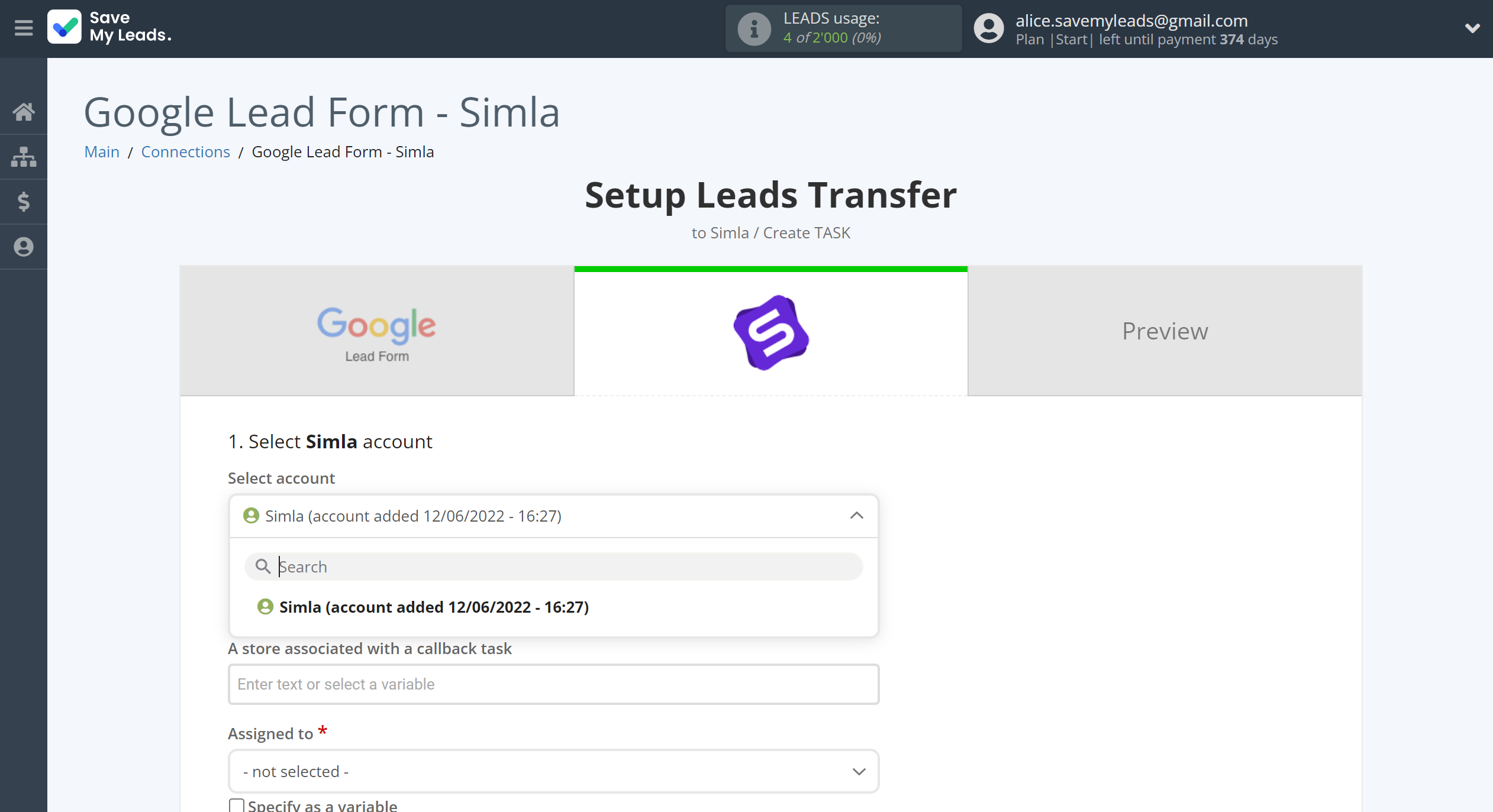 How to Connect Google Lead Form with Simla Create Task | Data Destination account selection