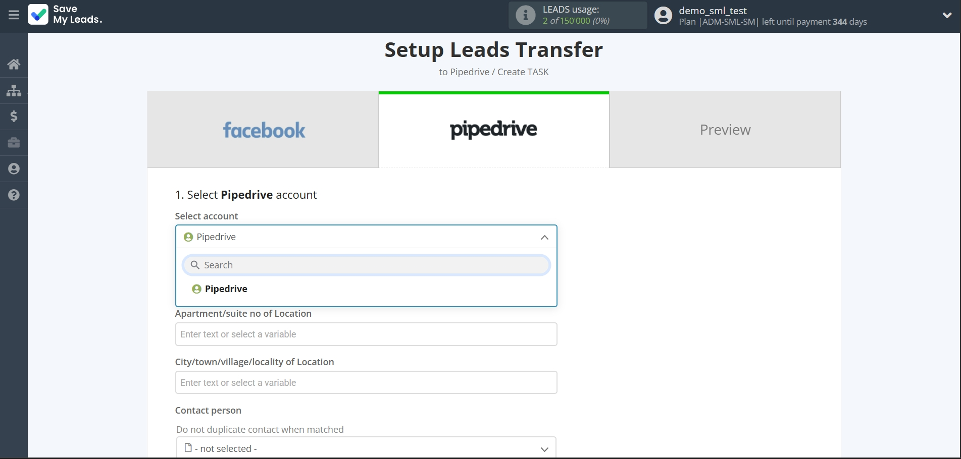 How to Connect Facebook with Pipedrive Create Task | Data Destination account selection How to Connect Facebook with Pipedrive Create Task | Data Destination account selection